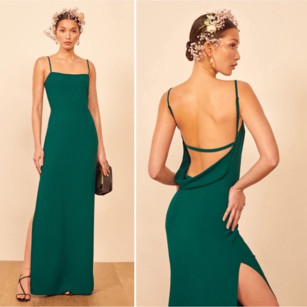 REFORMATION Lilac Dress Emerald Green Maxi Slip Backless Slit Rare Size 10